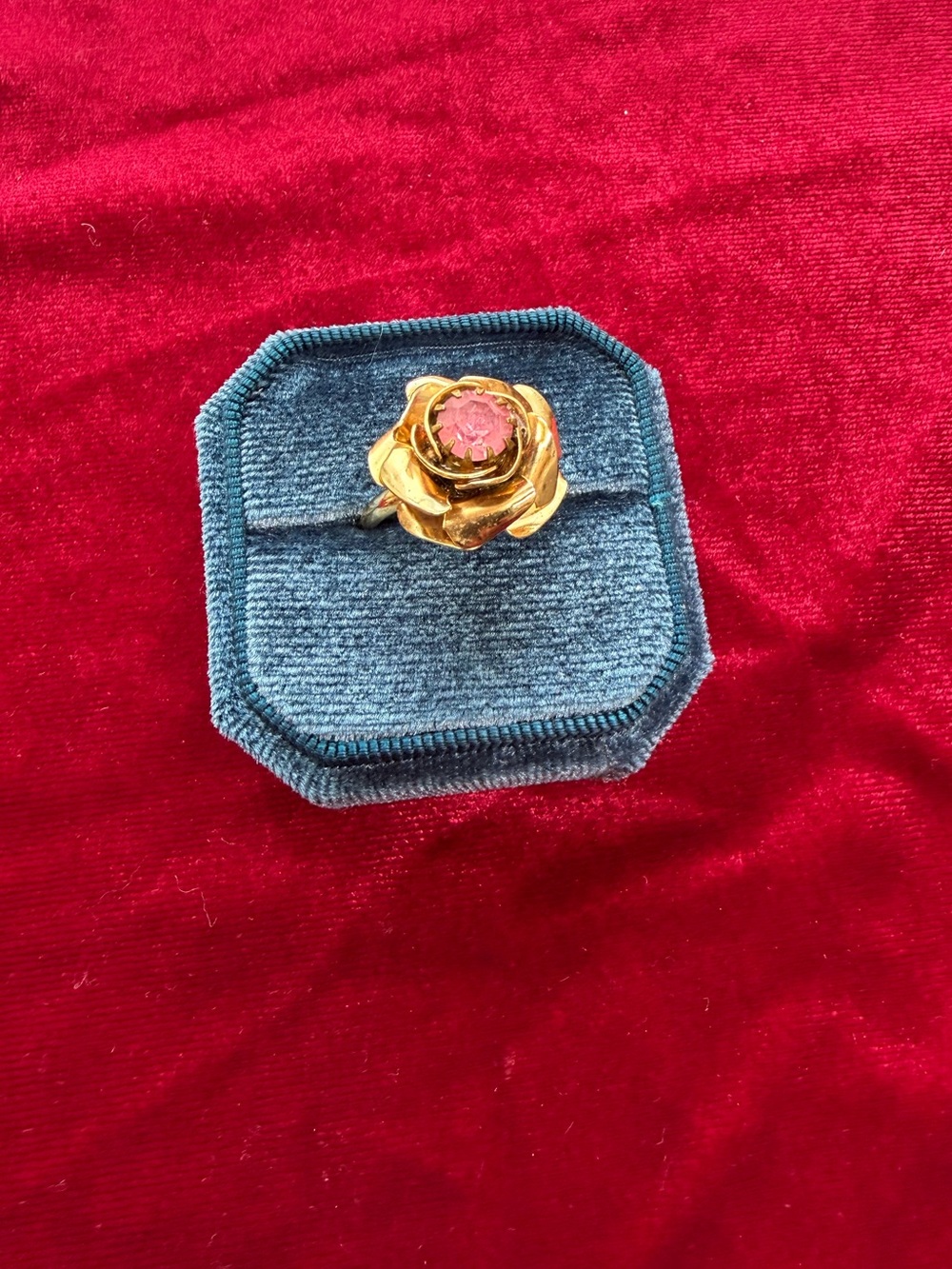 Vintage Gold Tone Rose Flower with Pink Stone Adjustable Ring